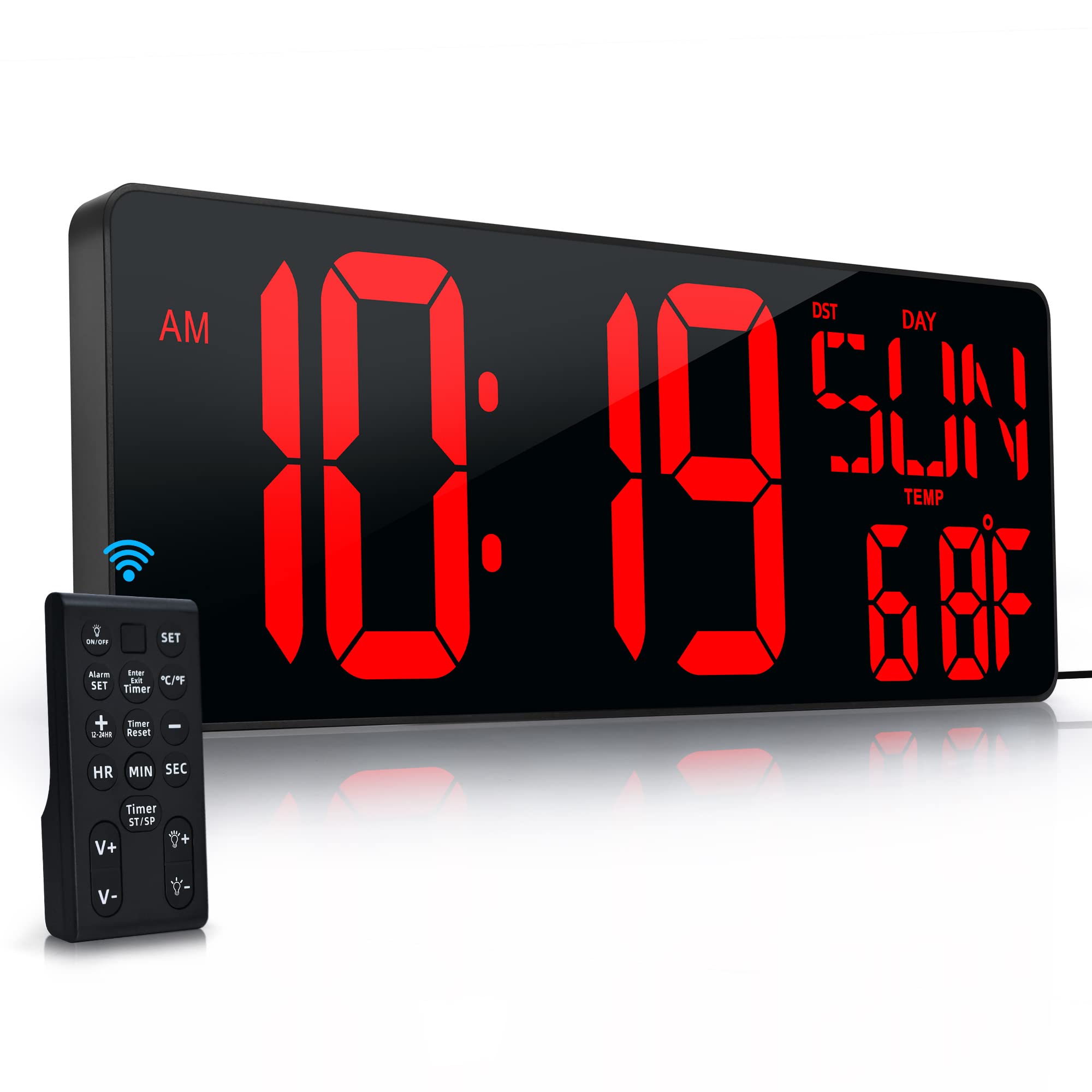 Large Digital Wall Clock 17.2-inch LED Display — Remote Control Timer, Temperature, Date & Week, Auto DST & Adjustable B