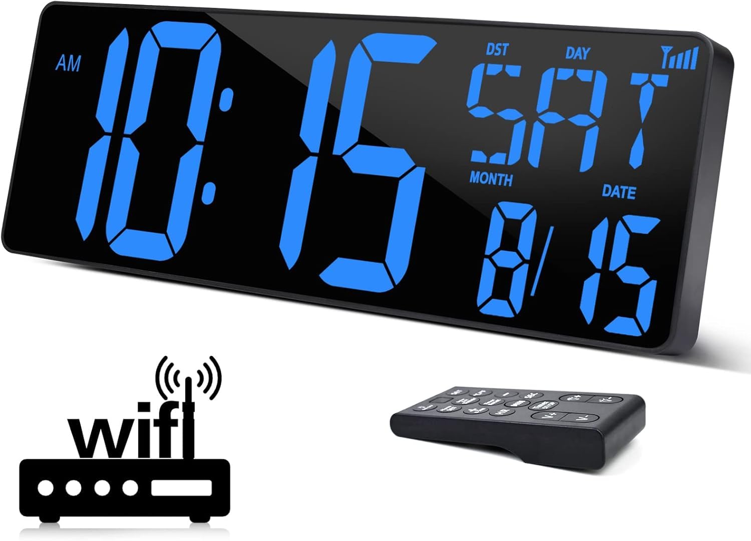 XREXS 16.5in Large LED Digital Wall Clock — WiFi Sync, Auto‑Dimming, Remote Control, Temperature/Date/Week Display & Ala