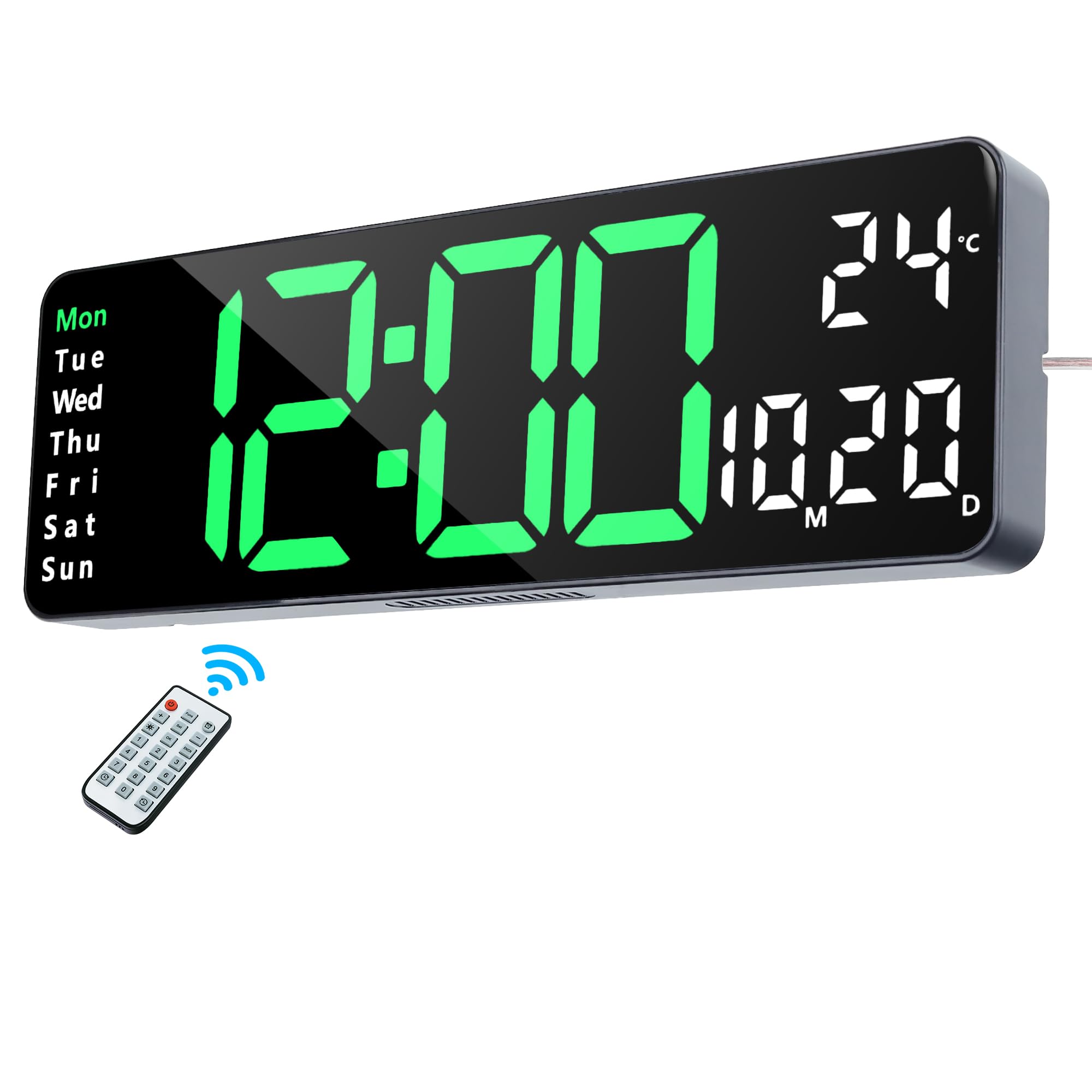 Lafocuse 13-Inch Silent Digital LED Wall Clock — Large Green Display with Date, Week & Temperature, Remote Control, Auto