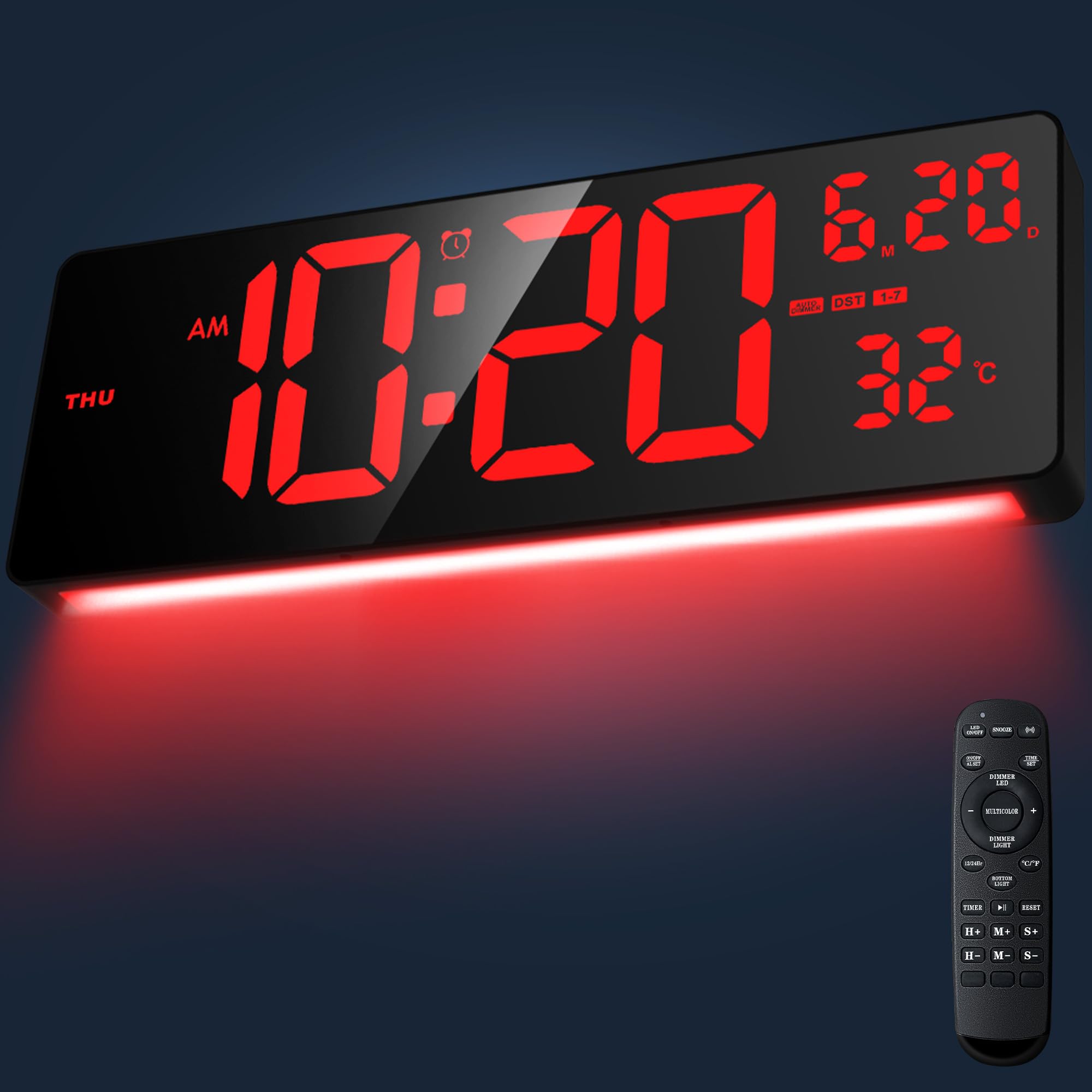 16.5" Large Digital Wall Clock with RGB Night Lights & Auto Dimmer — Remote Control, Date, Indoor Temp & DST