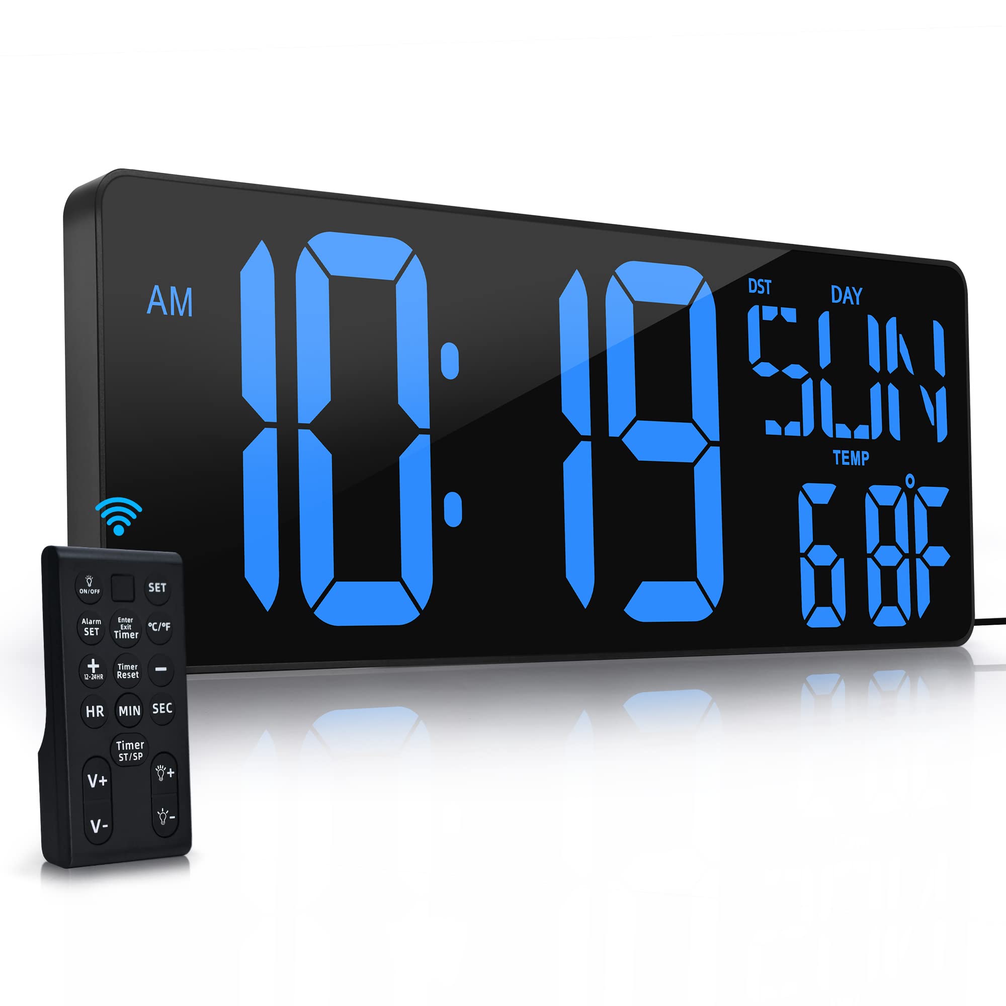 Large Digital Wall Clock 17.2" LED Large Display — Remote Control, Countdown Timer, Temperature, Date/Week, Auto DST, Ad