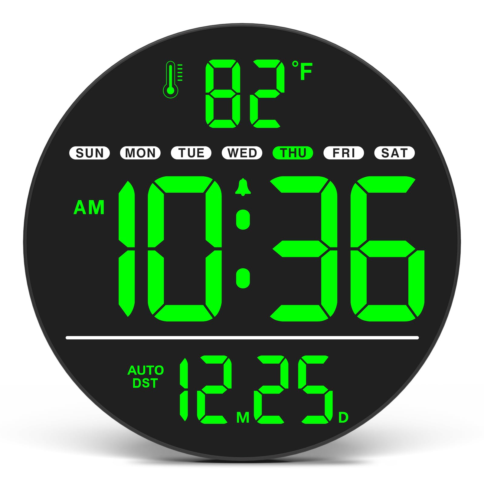 WallarGe Large Digital LED Wall Clock — Auto DST, Indoor Temp + Date & Day Display, 5-Level Brightness