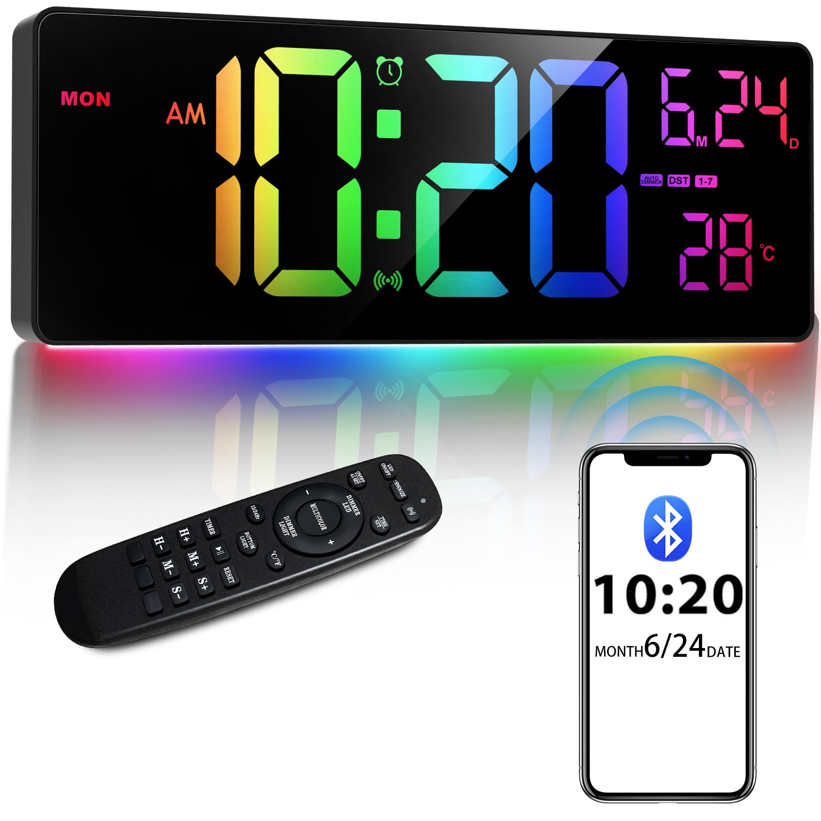 16" Bluetooth Large Digital Wall Clock – Large LED Display, Auto Time Sync/DST, Auto‑Dimming, 10 RGB Colors & Remote