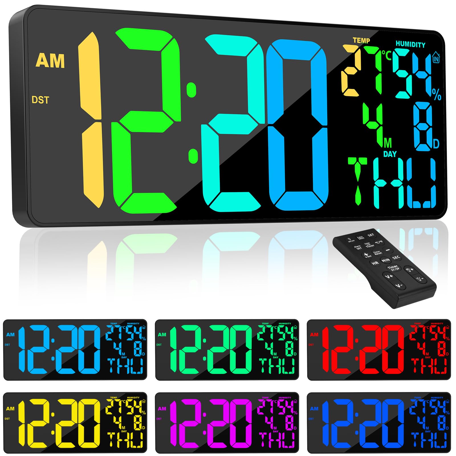 Oversized 18" Digital Wall Clock - Large Display, 11-Color RGB LED with Remote, Auto-Brightness & Temperature