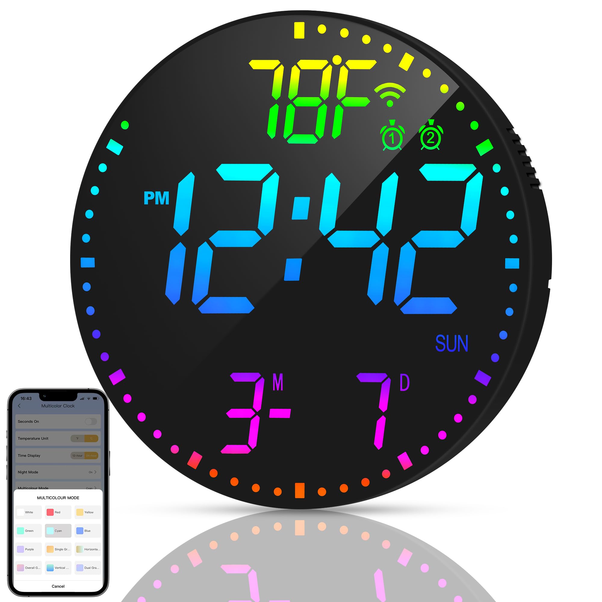 Kasbin 12” App-Controlled Digital Wall Clock — Large LED, Wi‑Fi Sync, Date & Temperature, Auto Brightness, Dual Alarm, 1