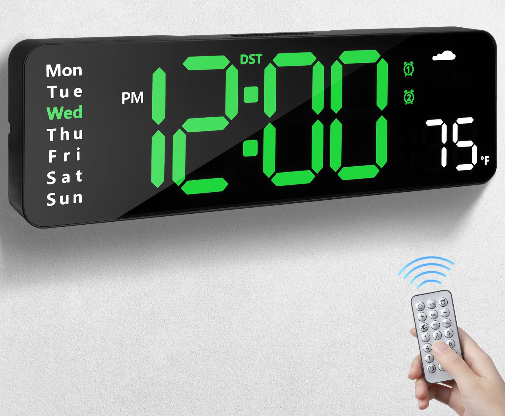 Digital Wall Clock — Large Green LED Display with Remote Control | Alarm, 12/24Hr, Date/Week, DST, Countdown & Temperatu