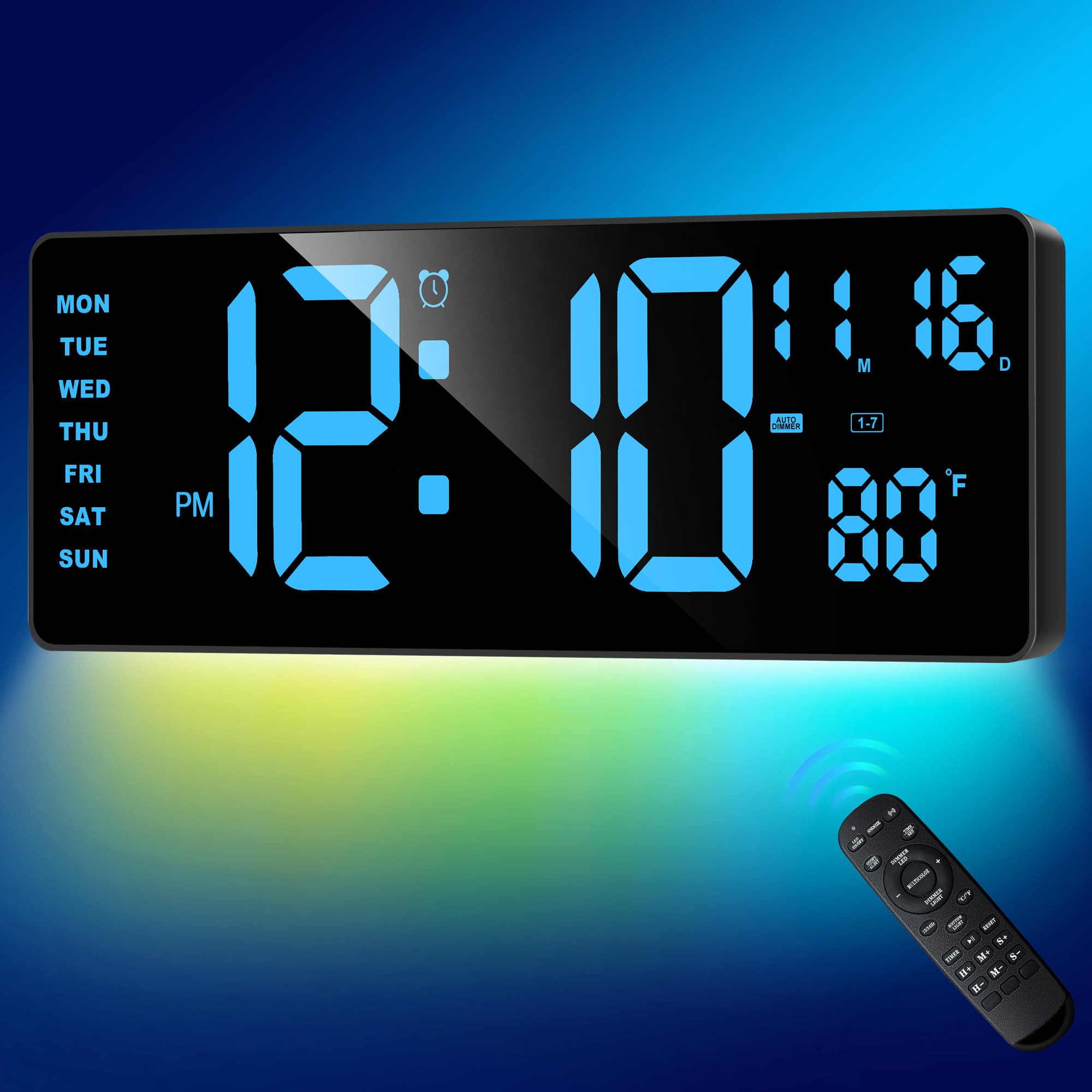 XREXS Digital Wall Clock – 16.5" Large LED Display, 6-Color Night Light, Auto DST & Count Up/Down Timer with Remote
